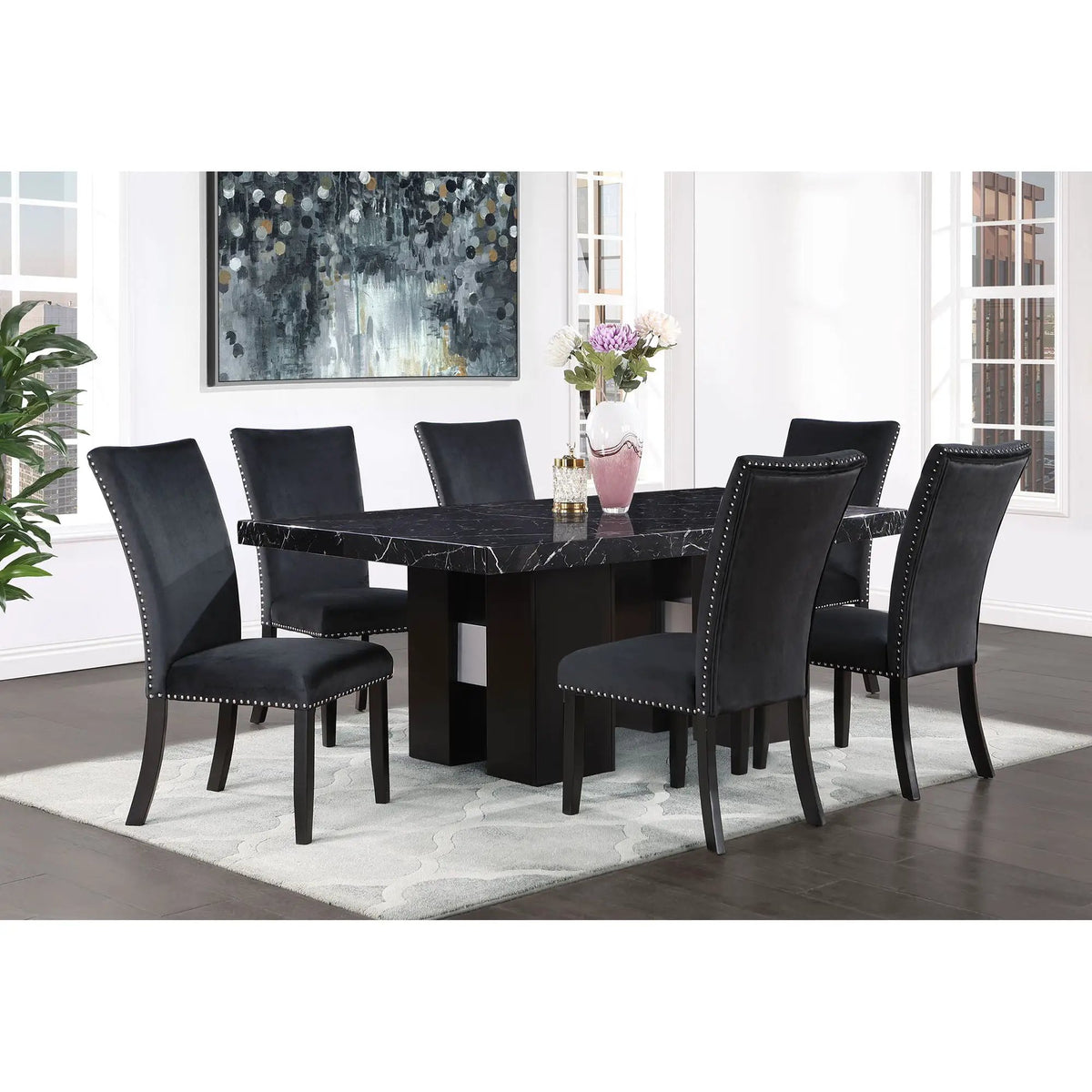 Jhoanna Dining Chairs | Set Of 2 | Black Velvet | Nail Head Trim