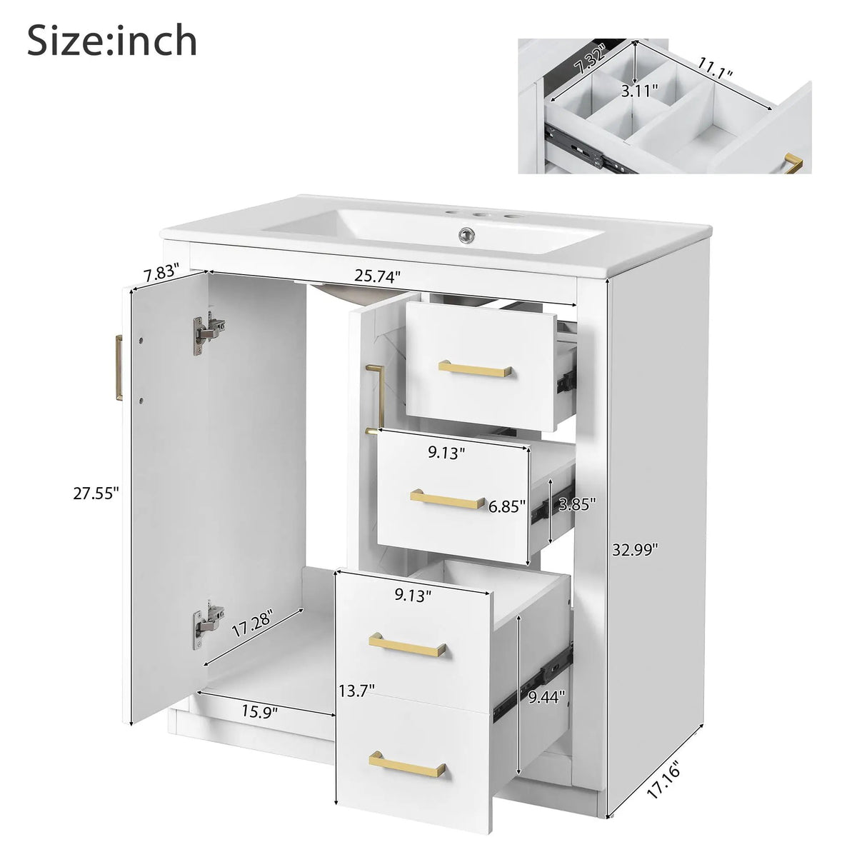 30 Inch Bathroom Vanity | Freestanding Set | 3 Drawers | Solid Wood Frame