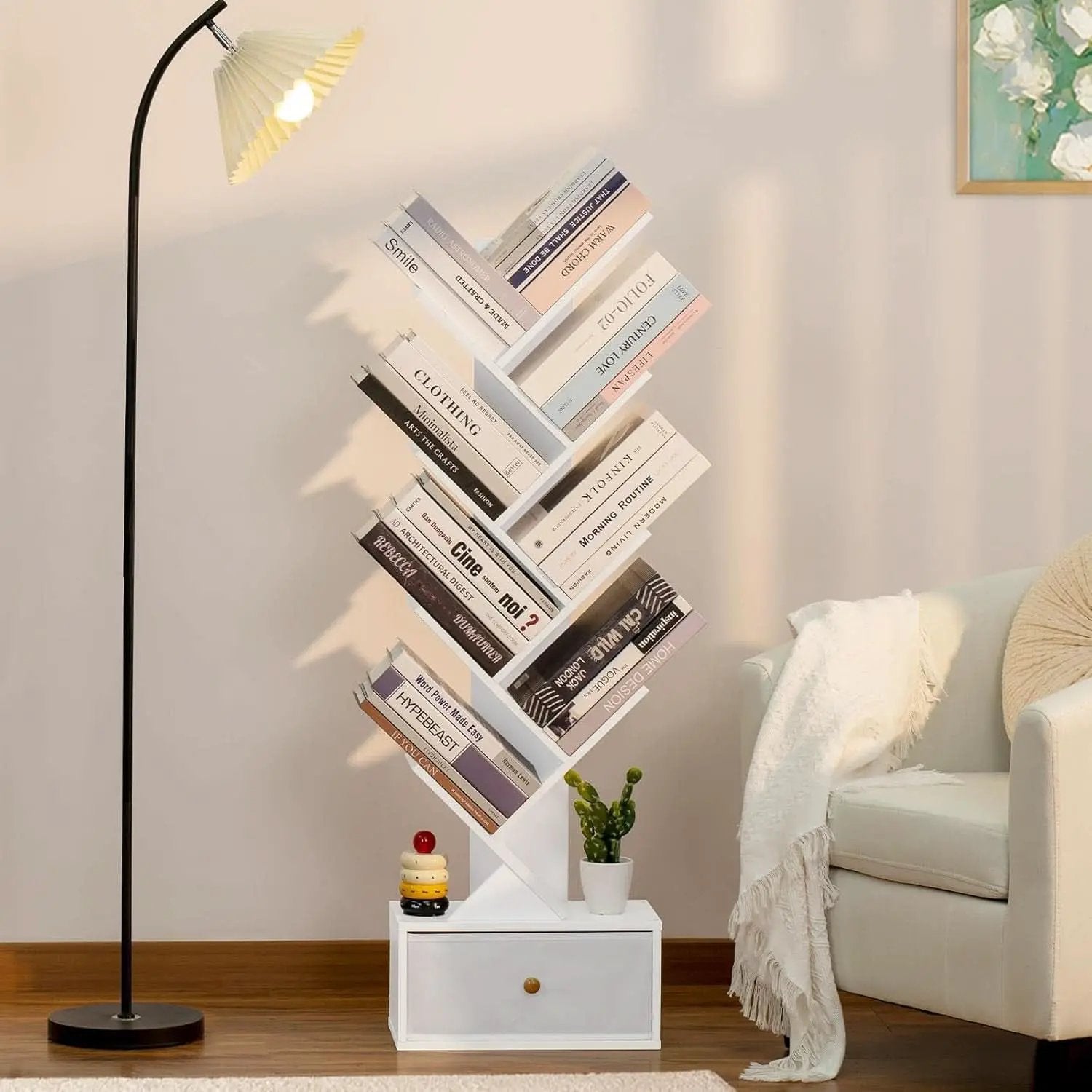 8 Tier Tree Bookshelf With Drawer White Wood Space Saving from PriceLows™