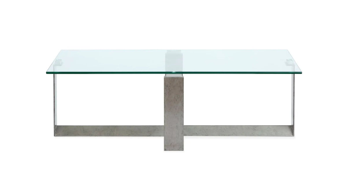 Holden Rectangular End Table | Aged Pewter Metal Frame | Tempered Glass Top | Triangular Base