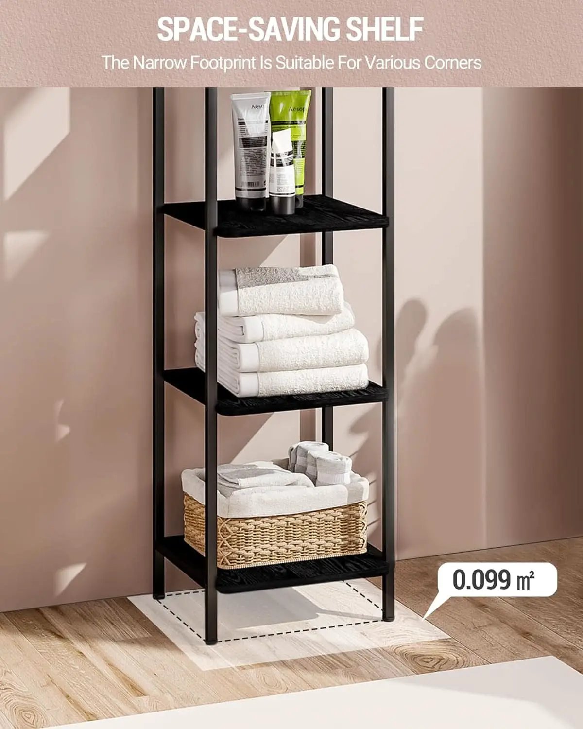 Black 5 Tier Narrow Bookcase Corner Shelf Organizer Industrial Design from PriceLows™