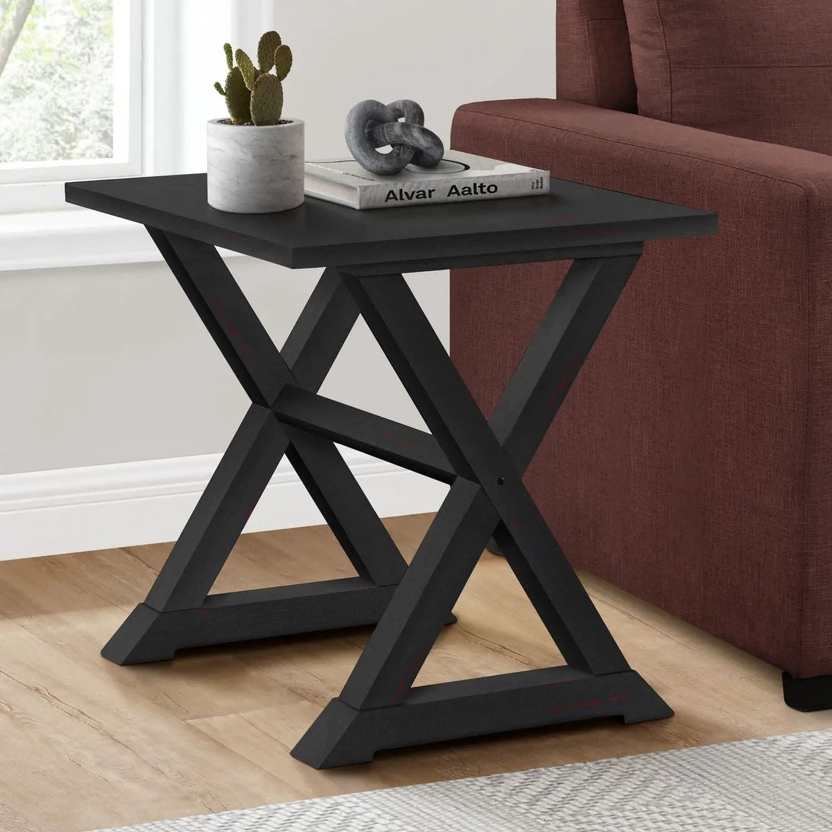 Compact Square Accent End Table | Transitional Style | Solid Wood Trestle Base | Veneer Top