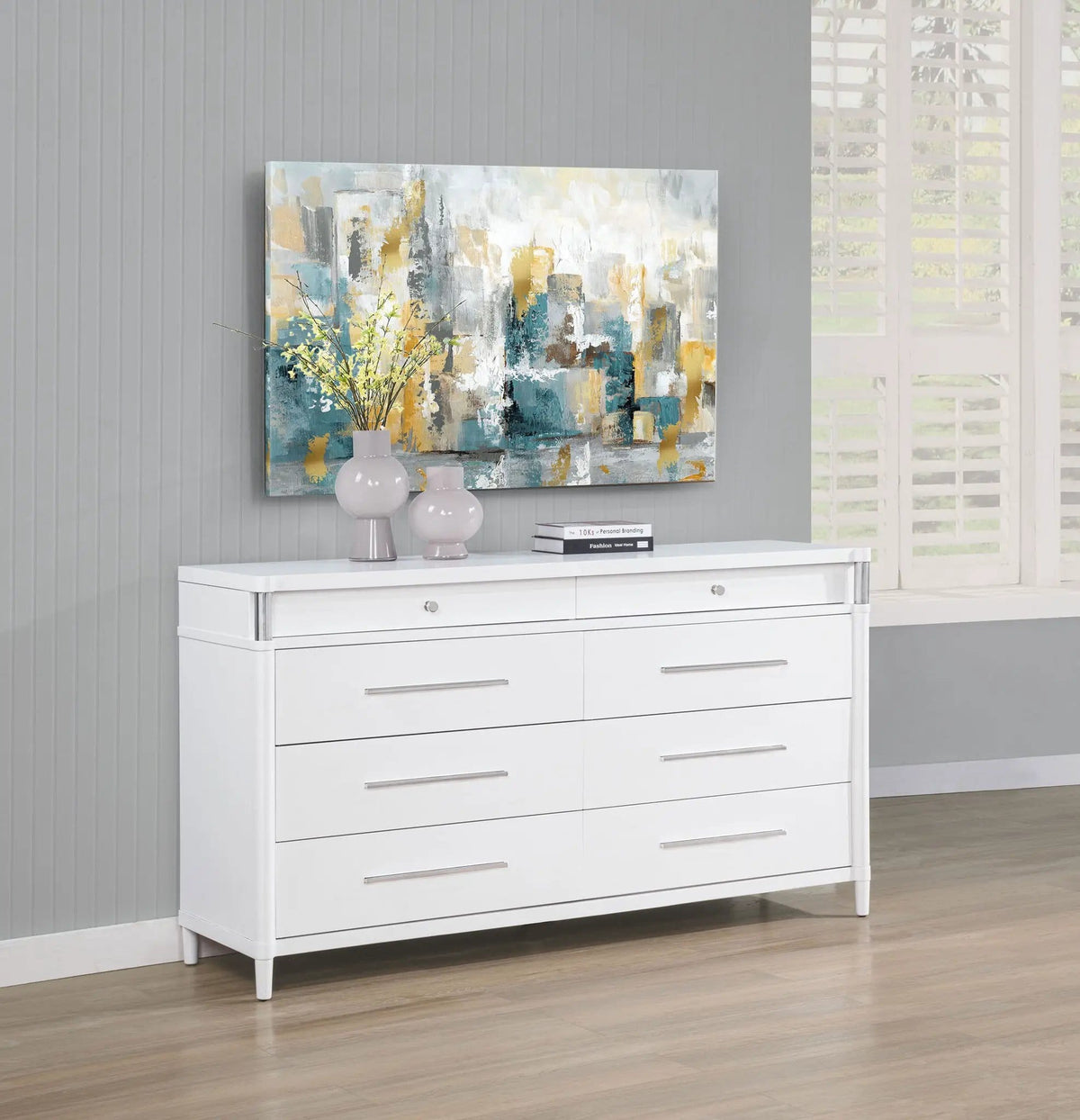 Gracemont 8-drawer Bedroom Dresser Cabinet | 65.5 x 18 x 36.25 in | Rubberwood & Engineered Wood | White