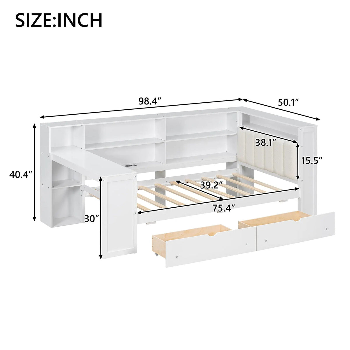 Upholstered Platform Storage Bed | Eight Open Shelves | Two Drawers | LED Lighting And Charging Station
