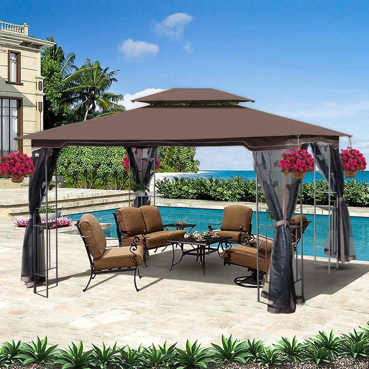 Patio Gazebo Tent With Ventilated Double Roof And Mosquito Net For Backyard Or | 2 Pieces | Steel & Iron | Outdoor Living