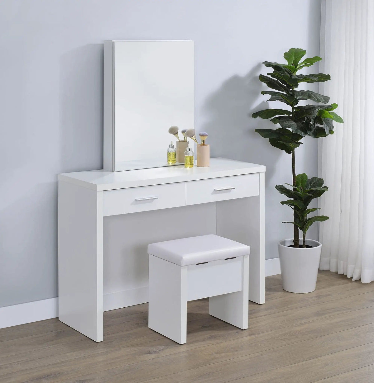 Bunbury Makeup Vanity Table Set Storage Mirror and Stool | 40 x 15.75 x 58.5 in | Engineered Wood & Veneer | White