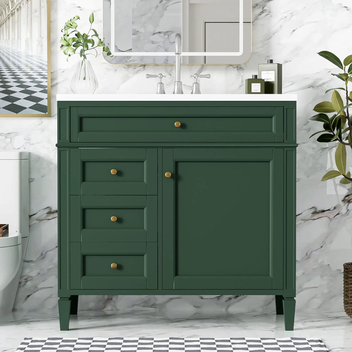 36 Inch Bathroom Vanity With Top Sink | 3 Drawers | Metal Drawer Slides | Ceramic Sink