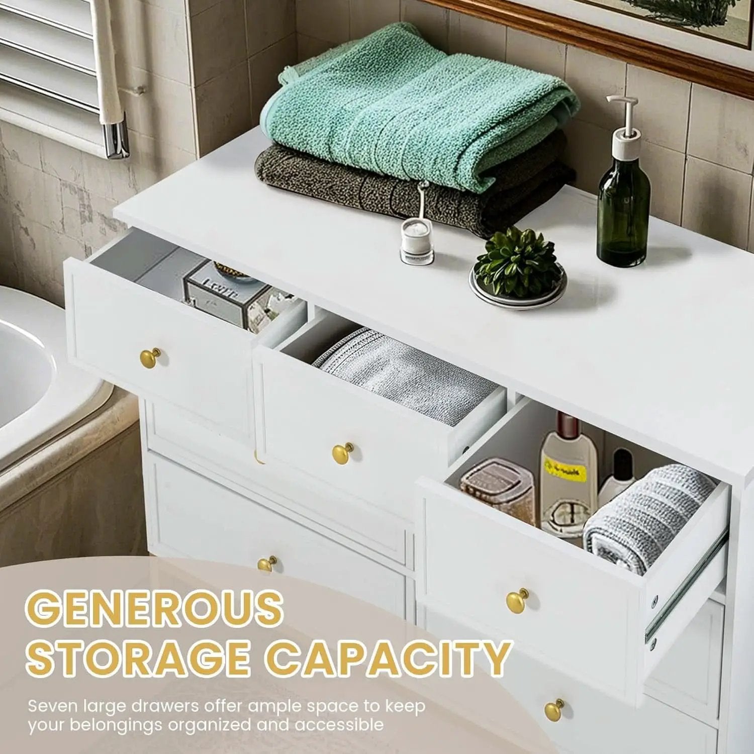 White 47 Inch 7 Drawer Dresser With Deep Drawers Storage from PriceLows™