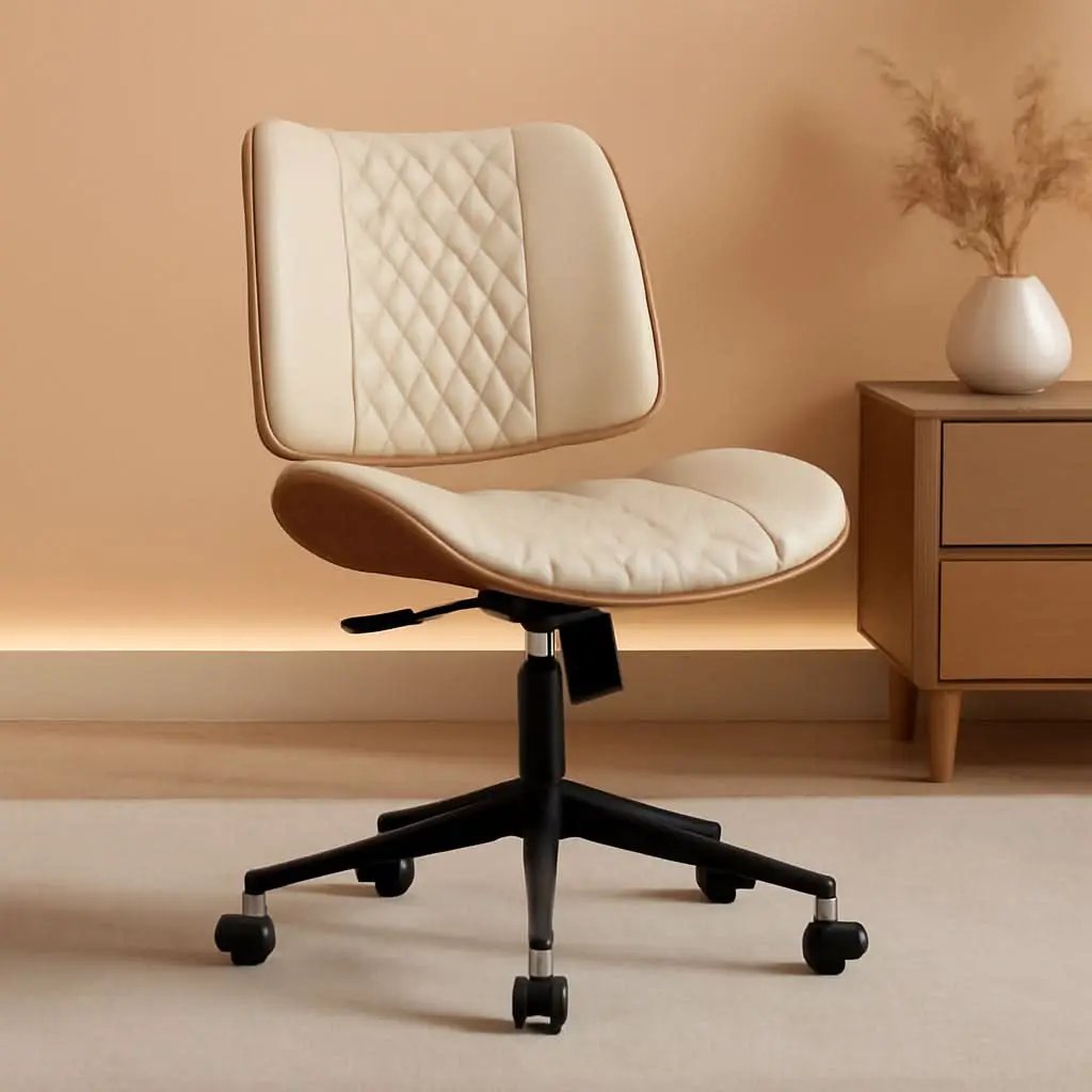Armless Office Chair With Wheels Beige PU Leather Ergonomic from PriceLows™