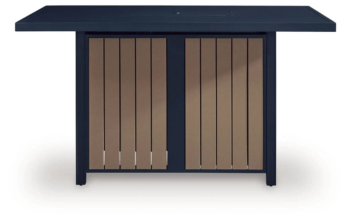 East Beach Rectangular Bar Table With Fire Pit | 70 x 42 x 39 in | Glass & Stainless Steel | Blue