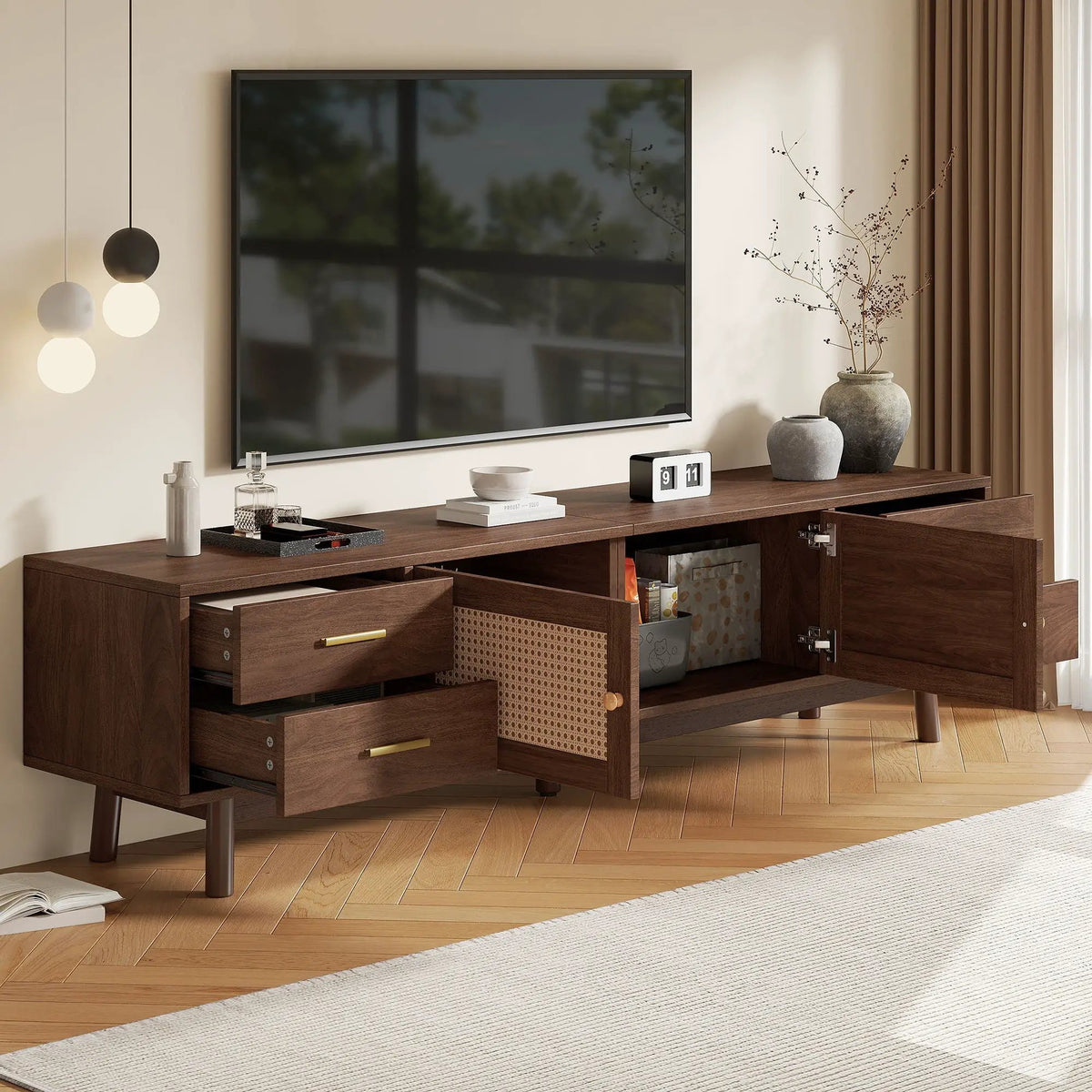 70 Inch TV Stand With Doors | Fits TVs Up To 80 Inch | 4 Drawers | Woven PE Rattan Doors