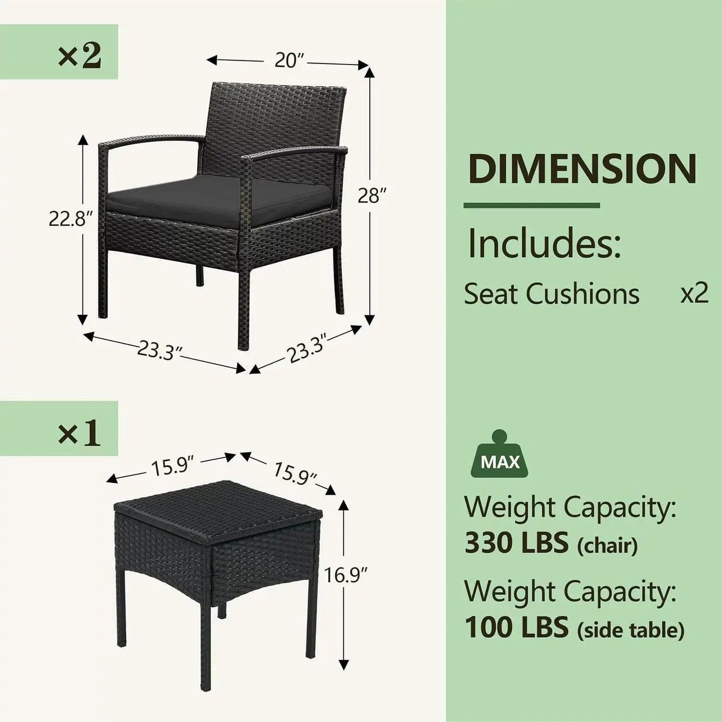 3 Piece Patio Rattan Conversation Chairs Set Outdoor Furniture Black Wicker For Garden Balcony Porch Yard from PriceLows™