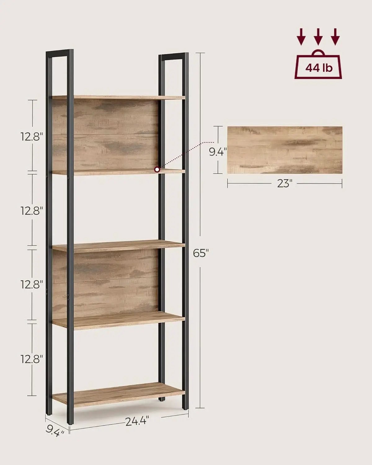 Five Tier Bookshelf With Steel Frame Camel Brown And Black from PriceLows™
