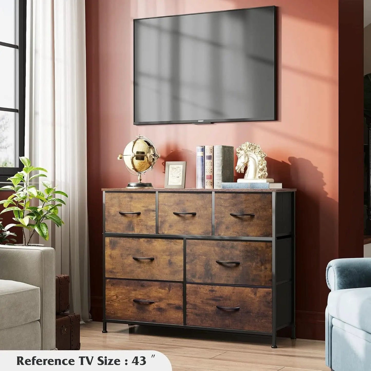Rustic Fabric Dresser TV Stand With Wood Top And Metal Frame from PriceLows™