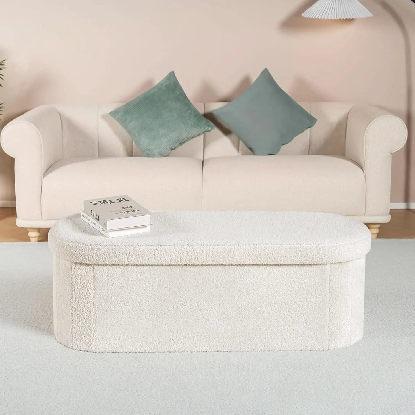 Sherpa Lined Folding Storage Ottoman 43.3 Inch White from PriceLows™