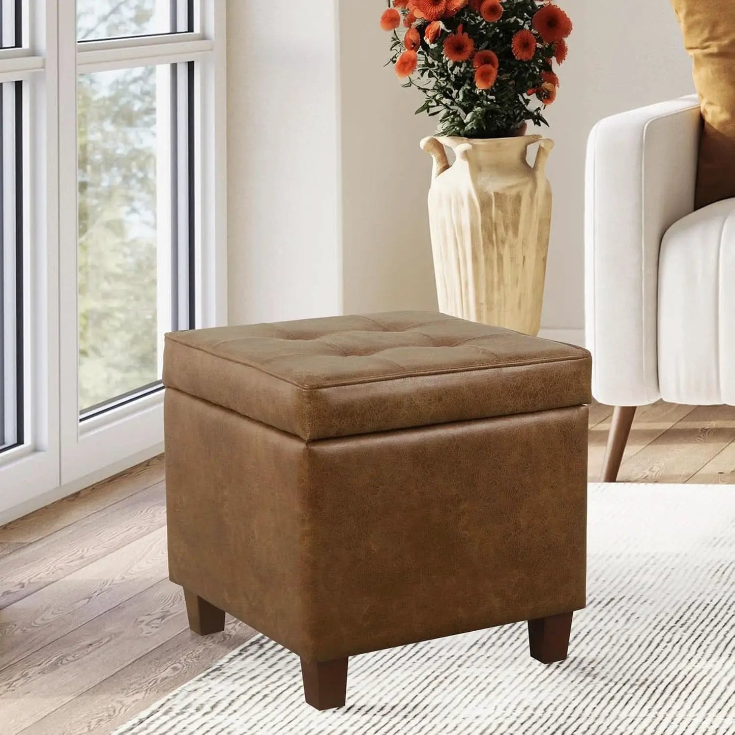 Small Distressed Brown Faux Leather Storage Ottoman from PriceLows™