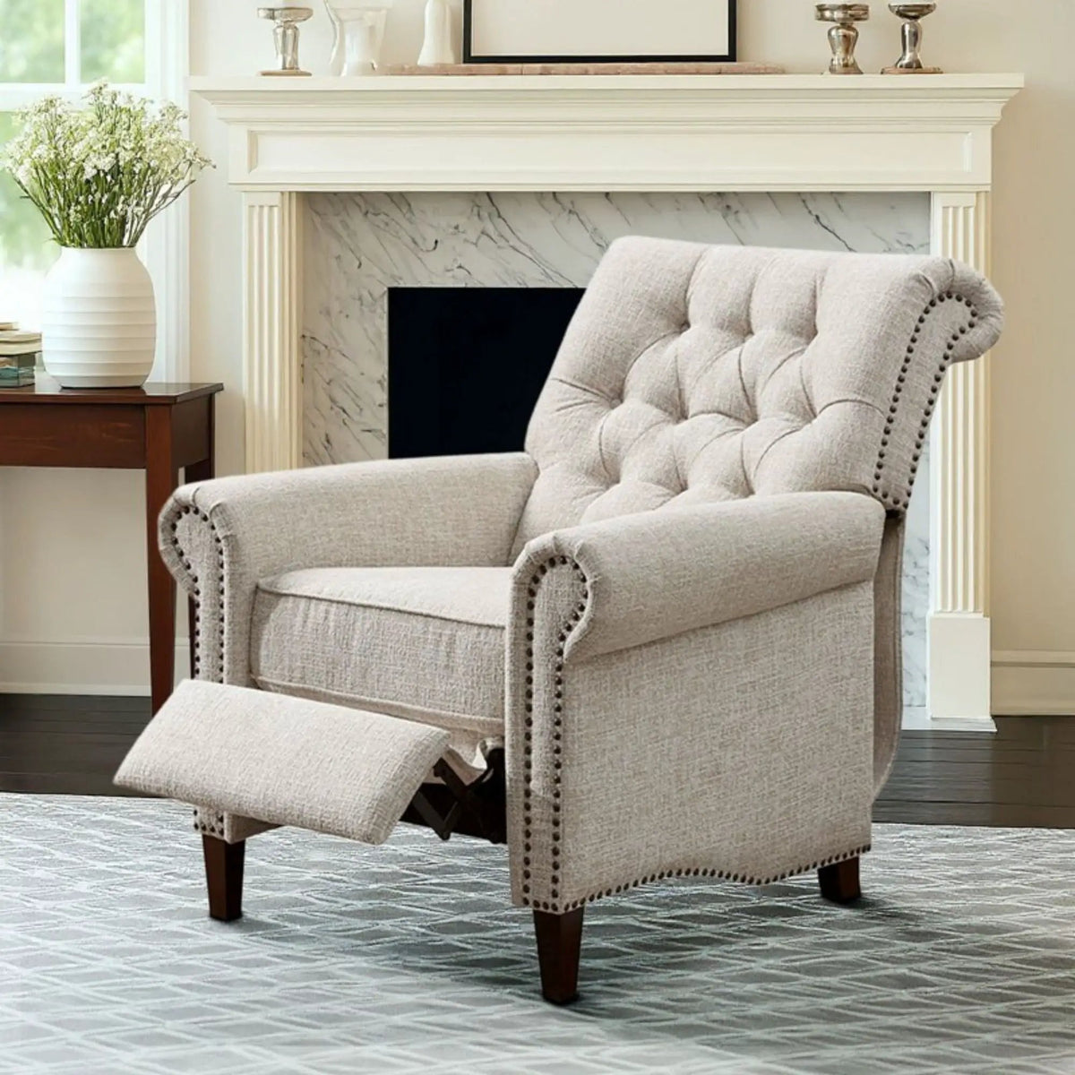 Aidan Push Back Recliner Chair | Tufted Back | Nailhead Trim | Cream