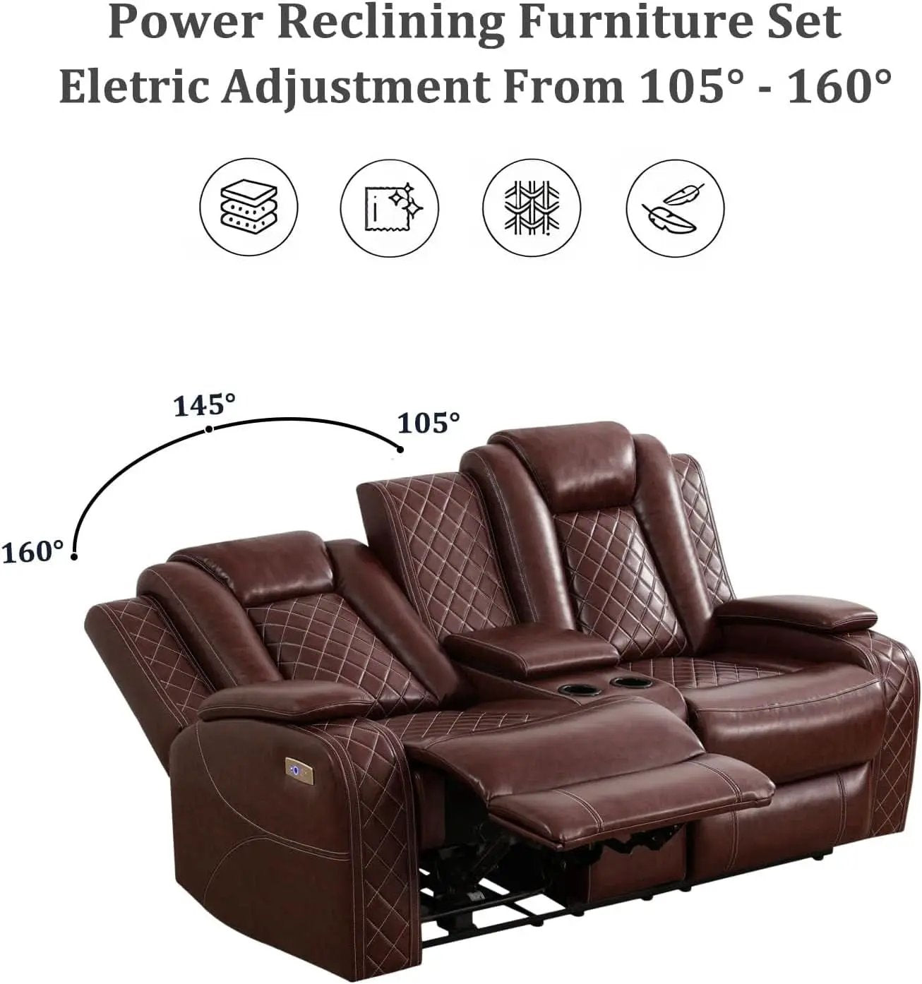 Power Reclining Leather Sofa Set With USB Ports Burgundy from PriceLows™