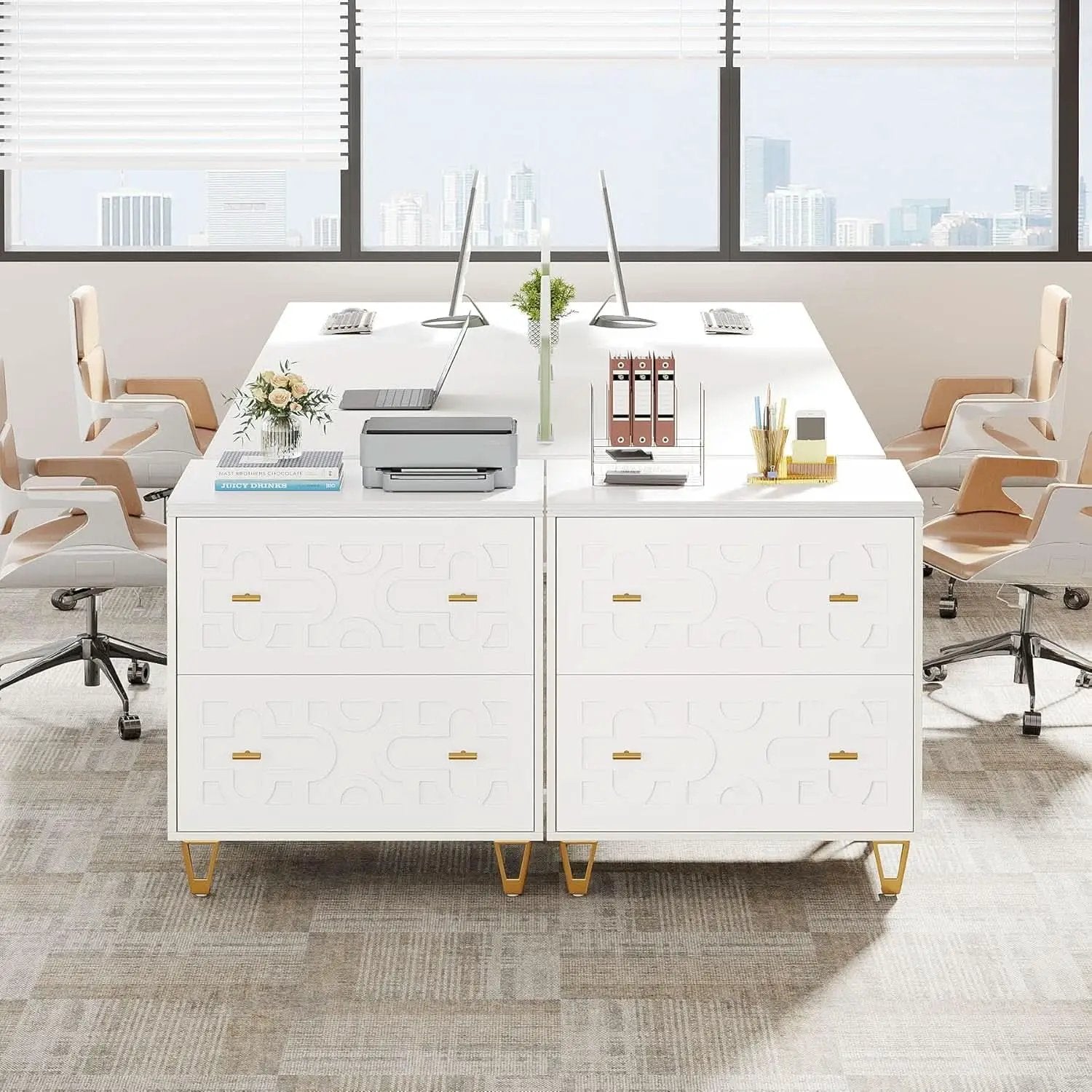 Two Drawer Lateral File Cabinet White And Gold For Legal Letter A4 Files Printer Stand Home Office from PriceLows™