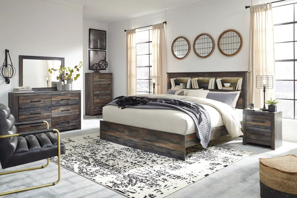 Drystan Panel Bookcase Bed | Storage Headboard | Rustic Industrial Style | 85 Inch Length
