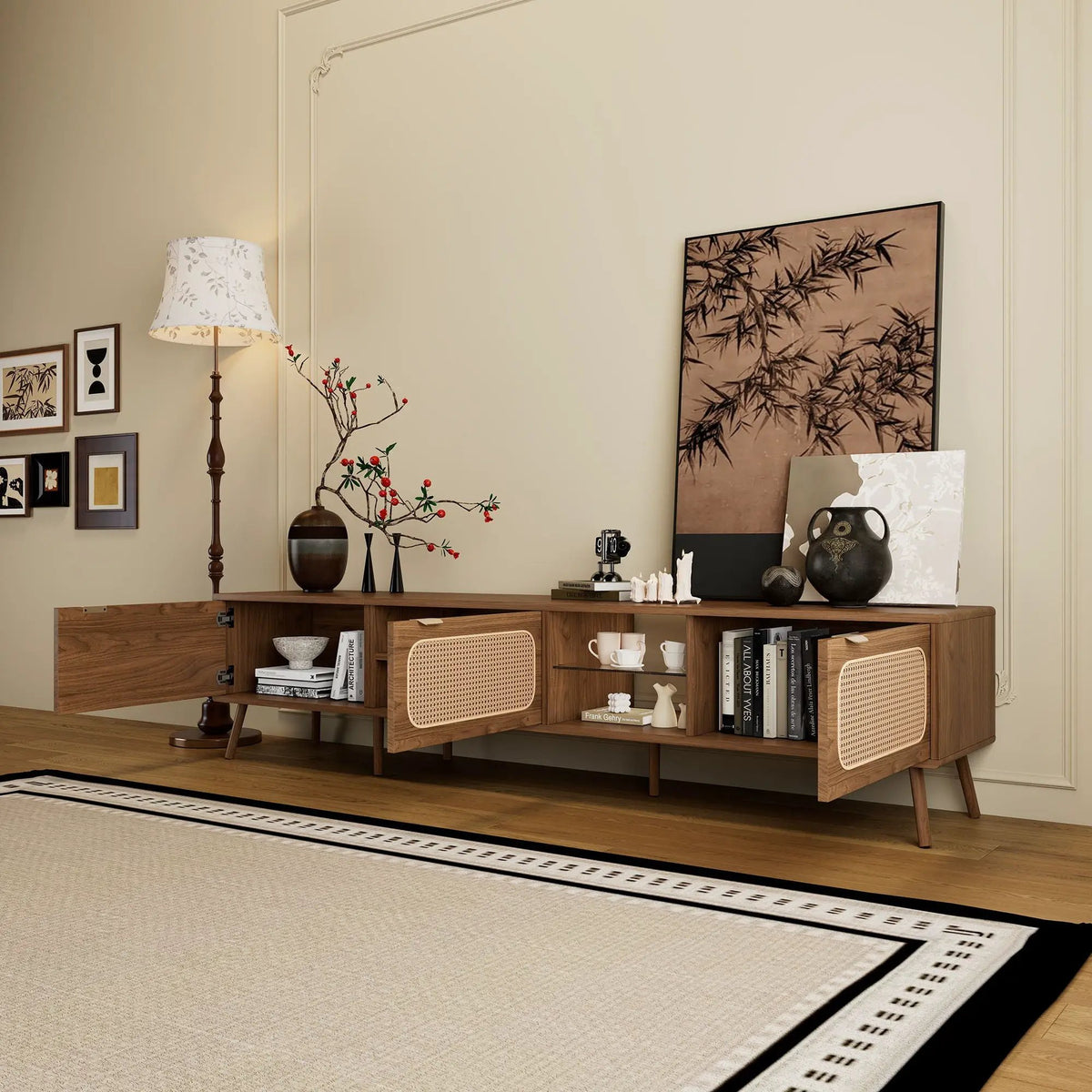 TV Stand | 78 Inch Wide | Rattan And Glass | Walnut Finish