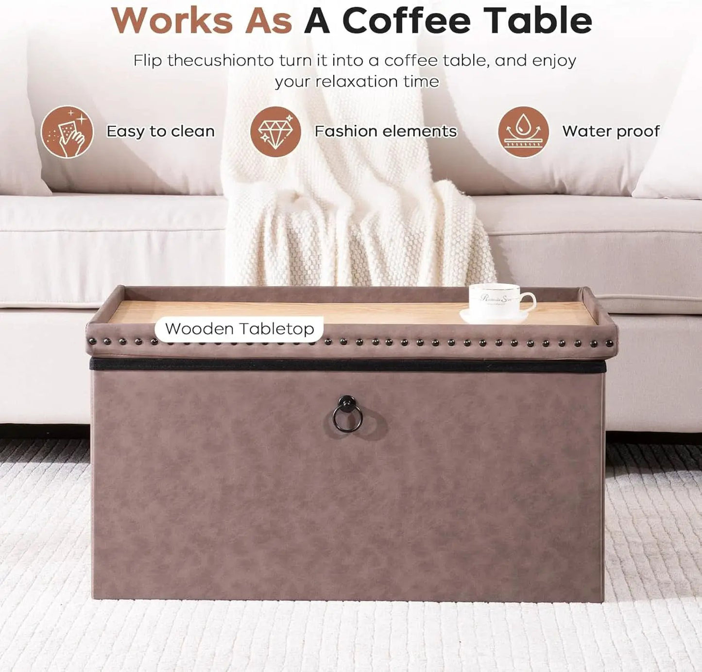 Oak Brown 30-Inch Foldable Storage Ottoman Bench from PriceLows™