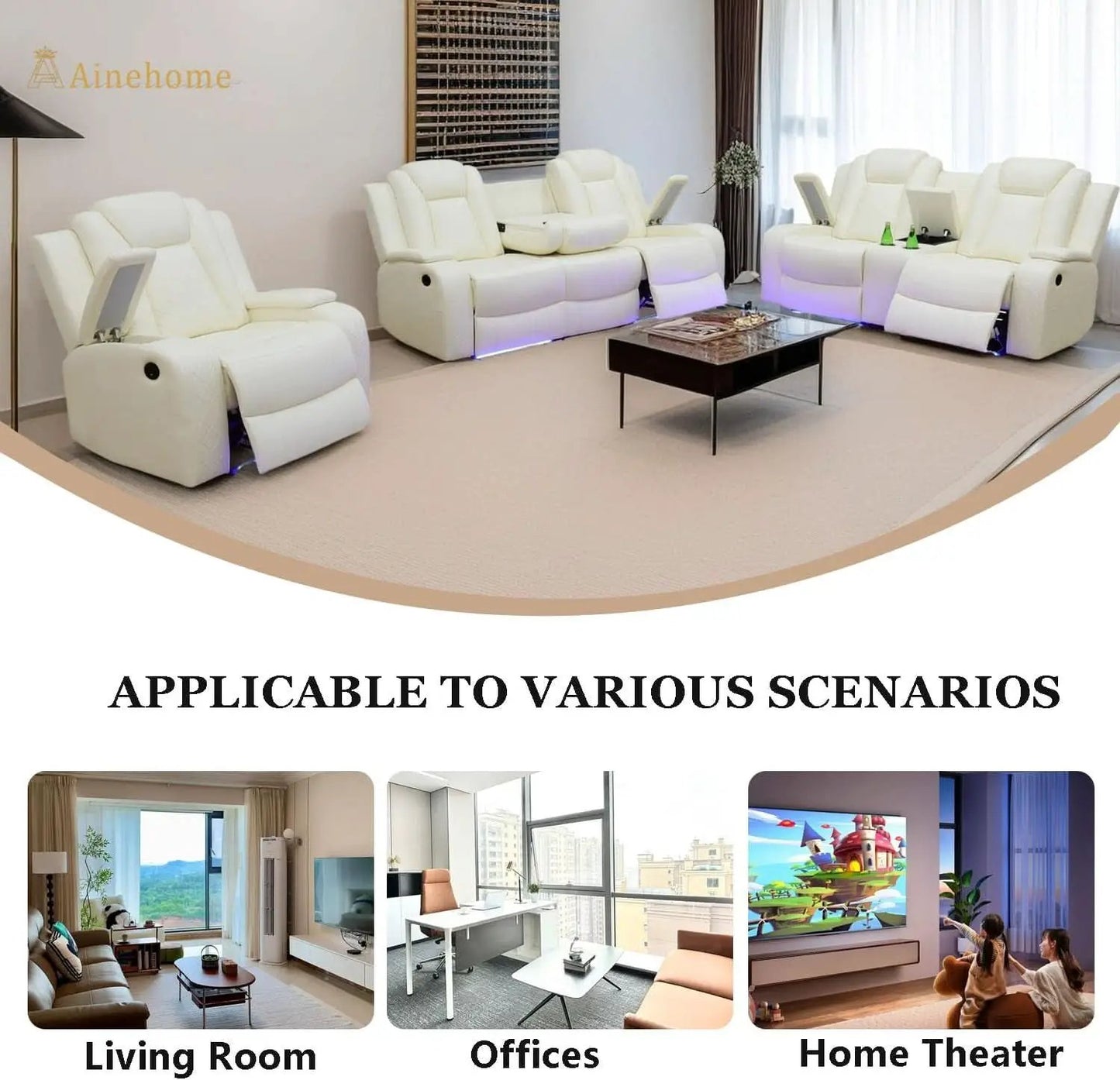 Power Recliner Sofa Set With Wireless Charging Creamy White from PriceLows™