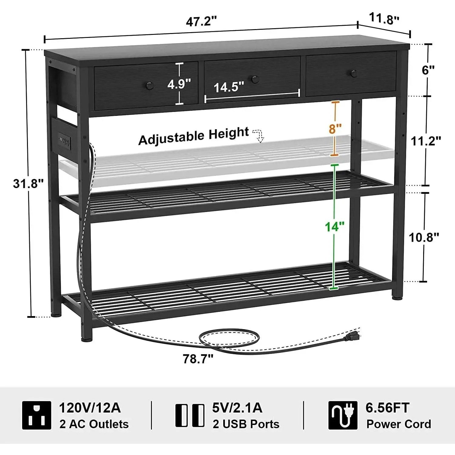Black Console Table With USB Ports And Outlets For Living Room from PriceLows™