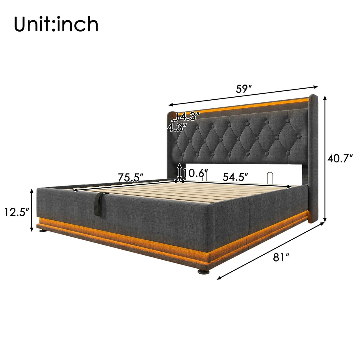Upholstered Bed, 360 Surround LED Function, Remote Control, Hydraulic Storage Bed | 8 Pieces | Fabric & Iron | Bedroom