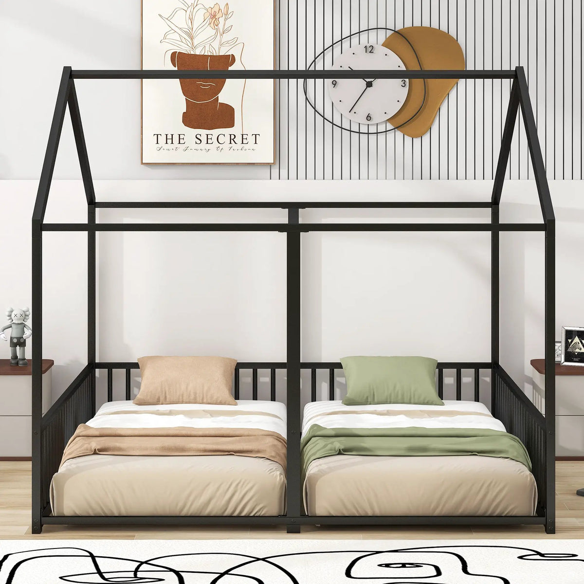 House Platform Bed | Solid Steel Frame | Twin Shared Bunks | Built In Guards