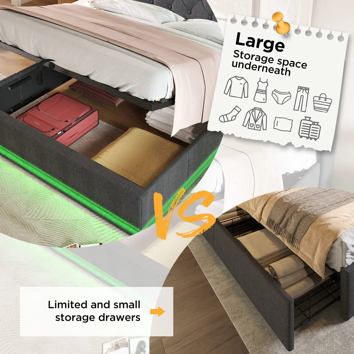 Upholstered Bed, 360 Surround LED Function, Remote Control, Hydraulic Storage Bed | 8 Pieces | Fabric & Iron | Bedroom