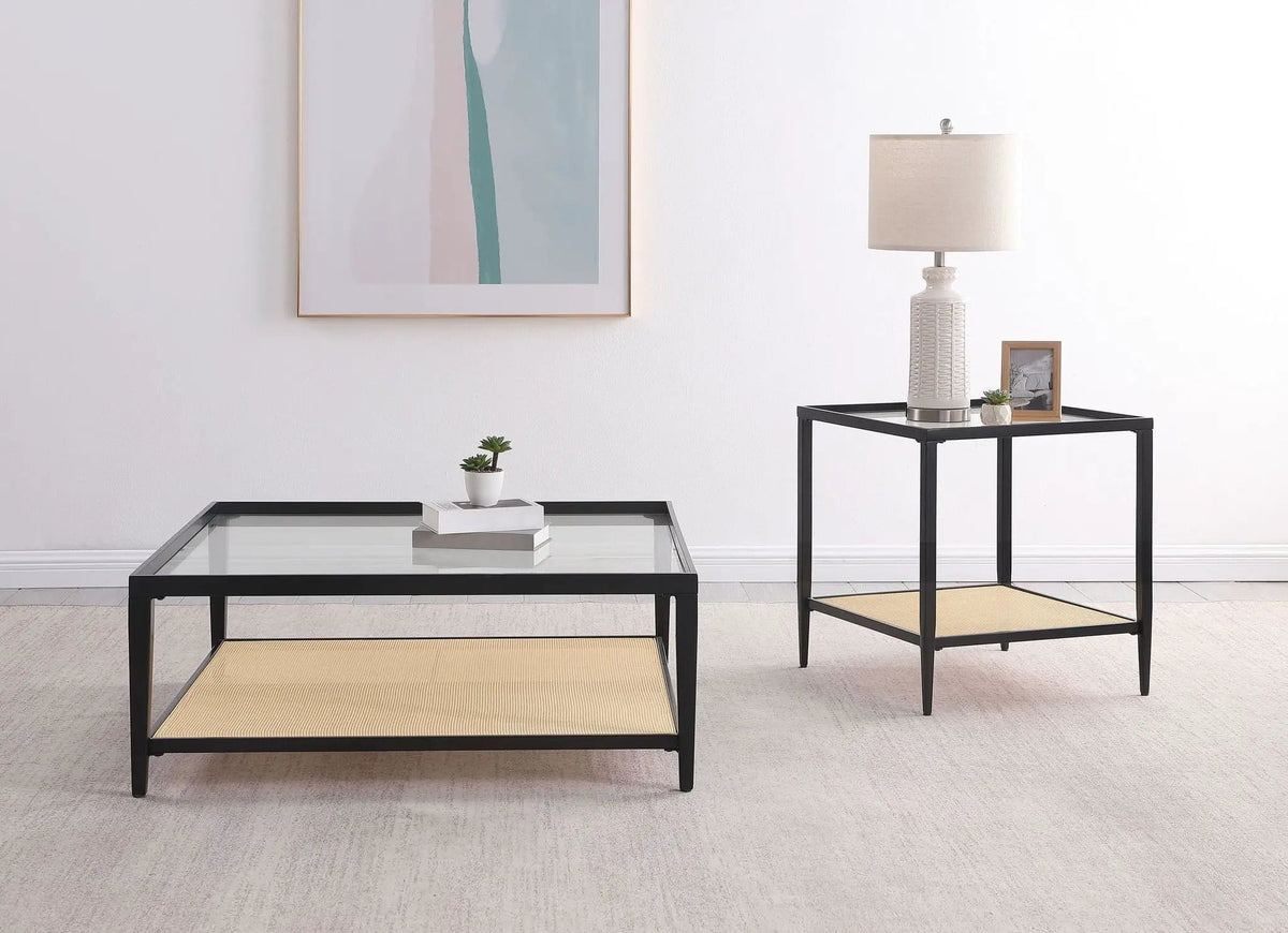 Amherst Glass Top Metal with Cane Shelf Coffee Table | 40 x 40 x 16 in | Rattan & Glass | Black
