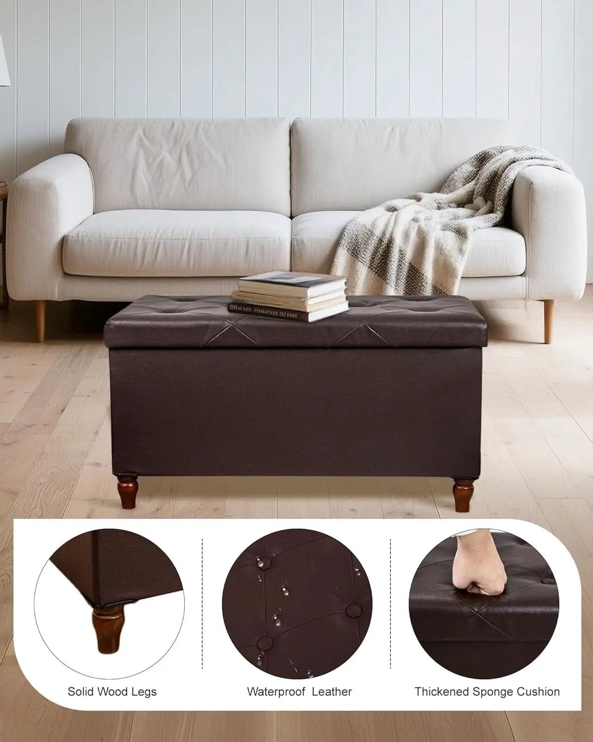 Thirty Inch Durable Storage Ottoman Bench Chest Brown from PriceLows™