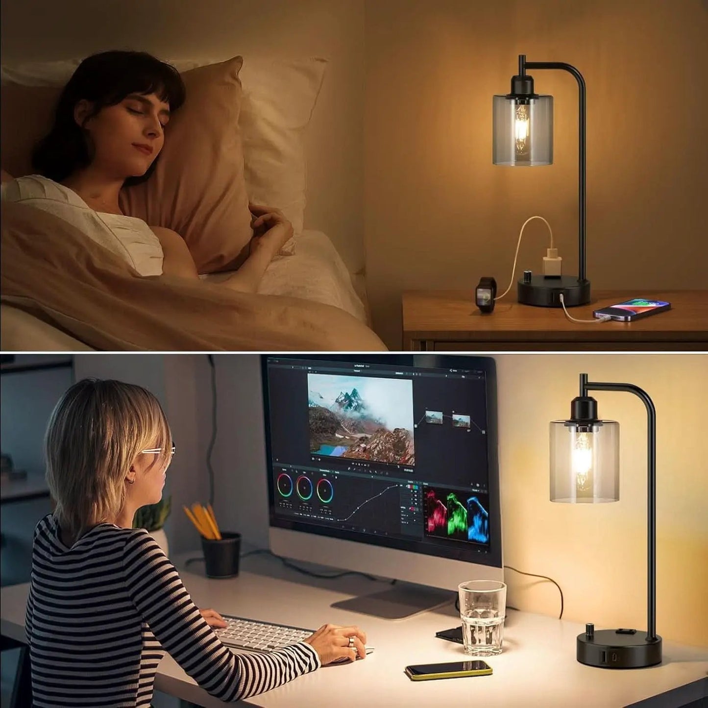 Industrial Desk Lamps 2 Pack Dimmable With USB C Ports from PriceLows™