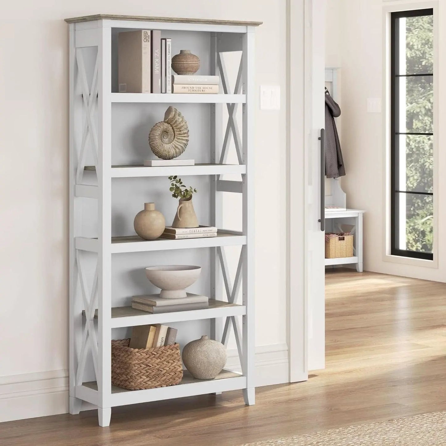 Bush Furniture Key West 66 Inch Bookcase Shiplap Gray White from PriceLows™