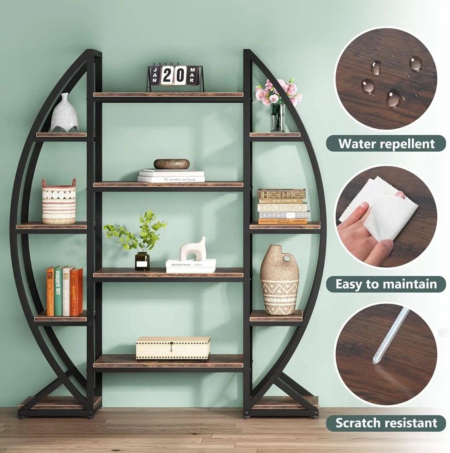 Oval 55 Inch Brown Industrial Display Etagere Bookcase from PriceLows™
