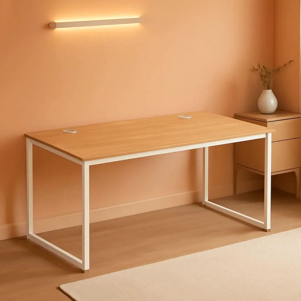 55 Inch Oak Top Desk With White Steel Frame For Home Office from PriceLows™