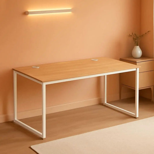 55 Inch Oak Top Desk With White Steel Frame For Home Office from PriceLows™