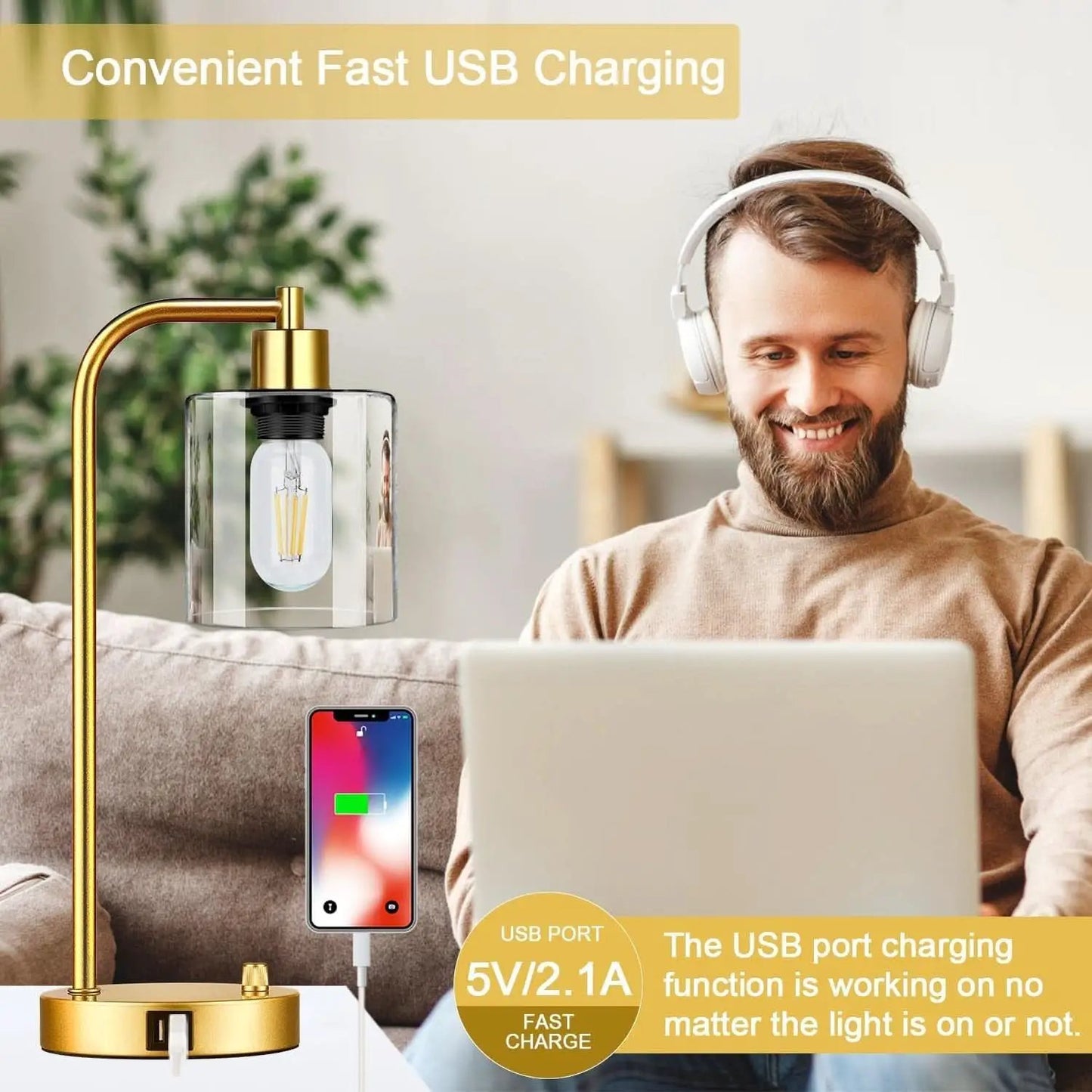 Set Of 2 Gold Table Lamps With 2 USB Ports Dimmable from PriceLows™