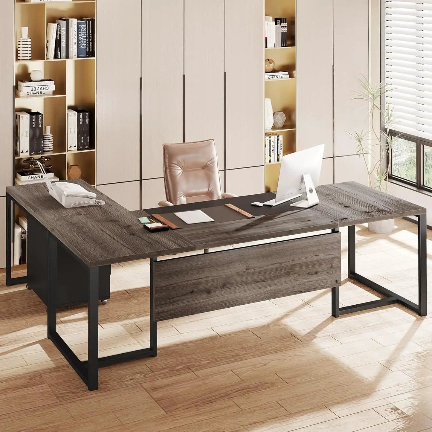 Extra Large L Shaped Executive Desk Retro Gray Drawer Cabinet from PriceLows™