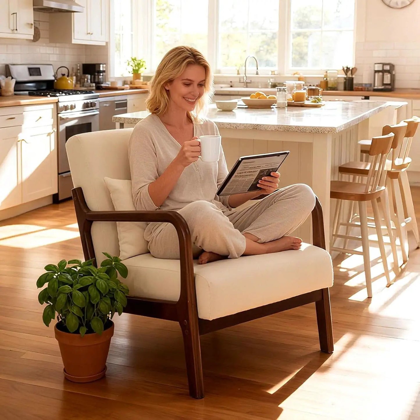 White Linen Upholstered Armchair With Premium Wood from PriceLows™