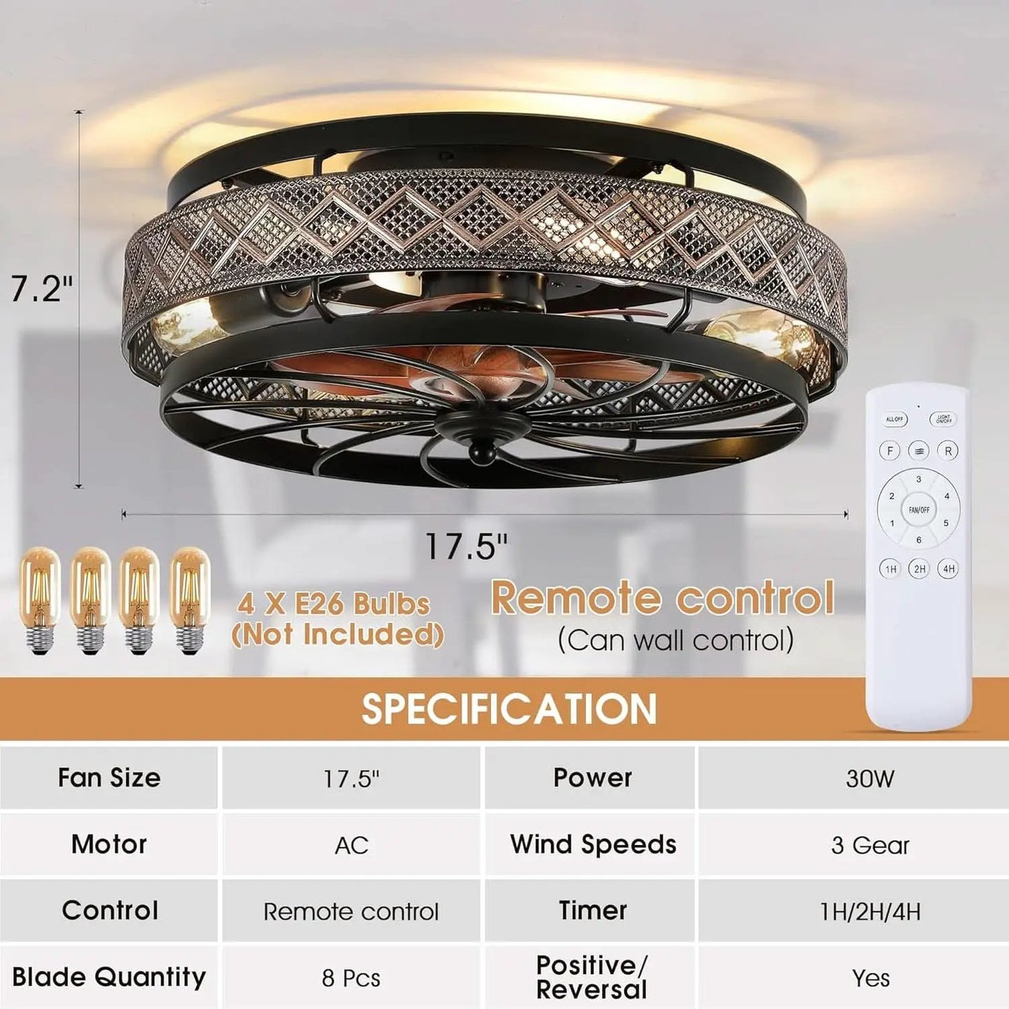 18 Inch Industrial Caged Ceiling Fan With Light Remote from PriceLows™