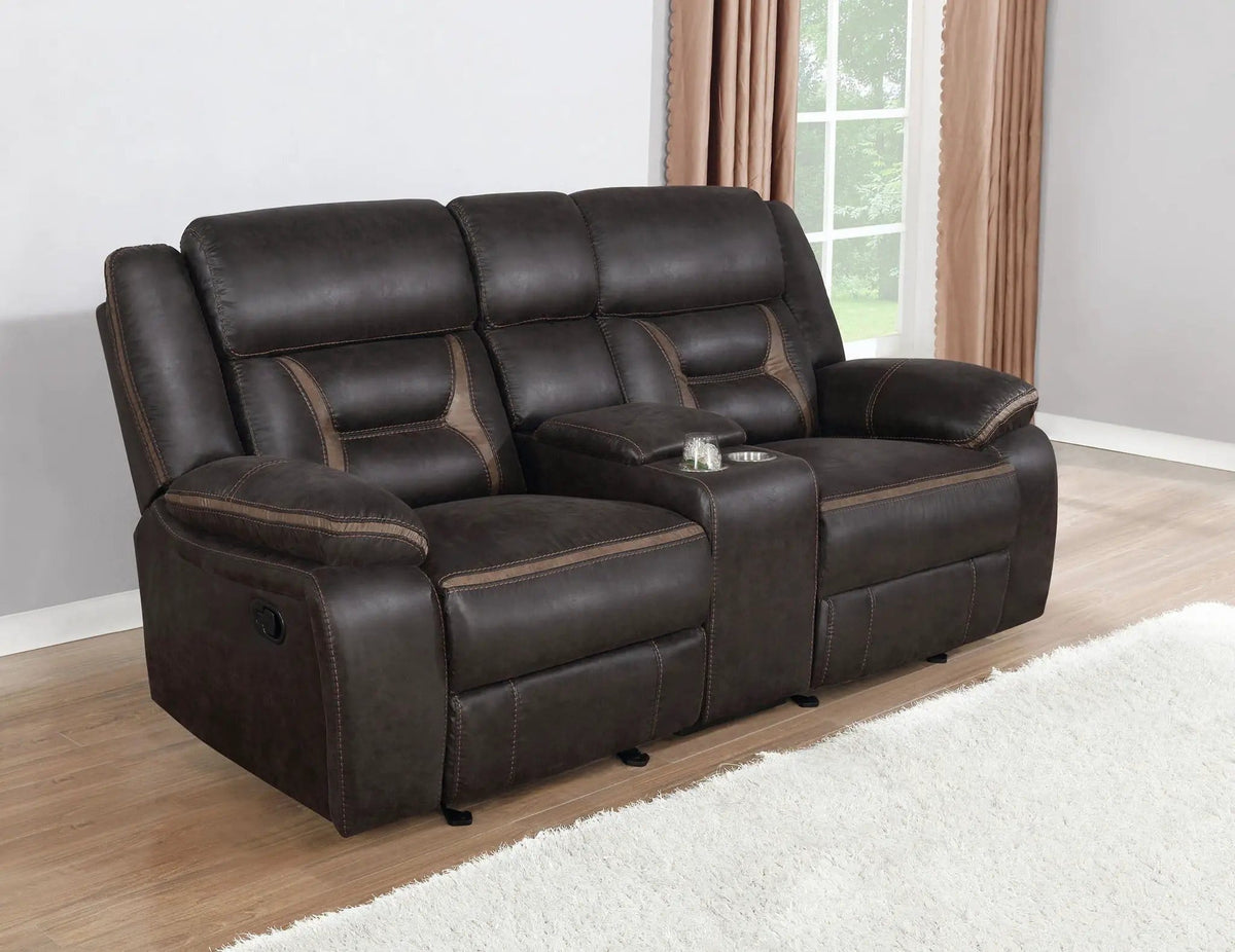 Greer Upholstered Motion Reclining Loveseat | 77 x 38 x 40 in | Engineered Wood & Stainless Steel | Brown