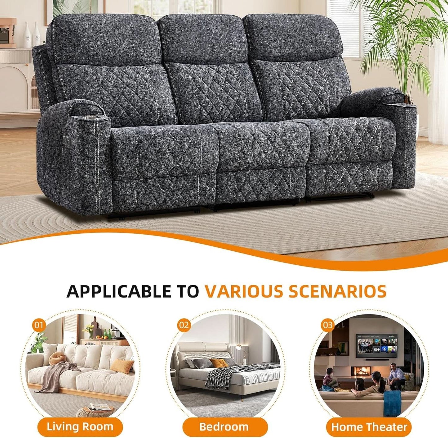 Grey Fabric 3-Seater Electric Recliner Sofa with Cup Holders from PriceLows™