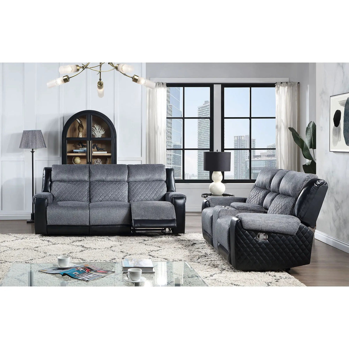 Alicia Reclining Sofa | Glider Recliner | Two-Toned Dark Gray Fabric | 85.75 Inch Length