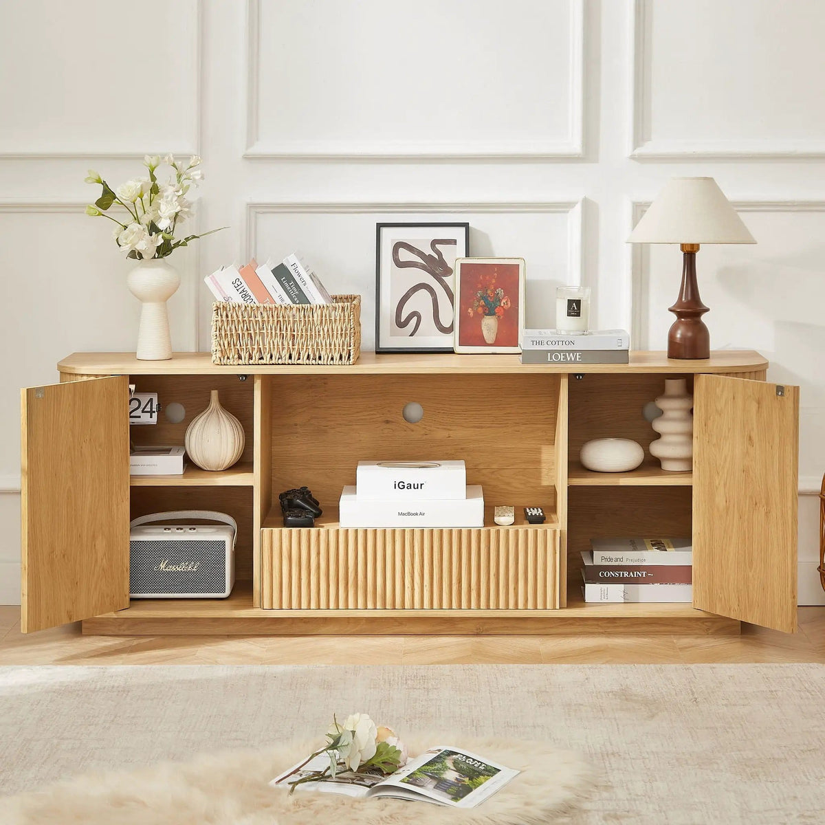 Modern Wavy TV Stand Rounded Sideboard With Storage Cabinet | 2 Pieces | Particleboard | Dining Room