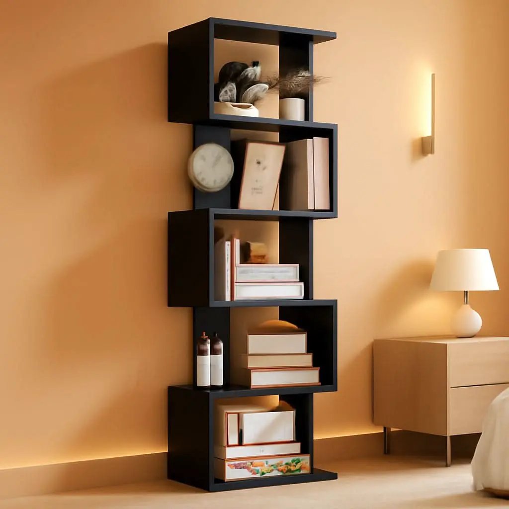5 Tier S Shaped Bookcase Black Wood And Metal Livingroom from PriceLows™
