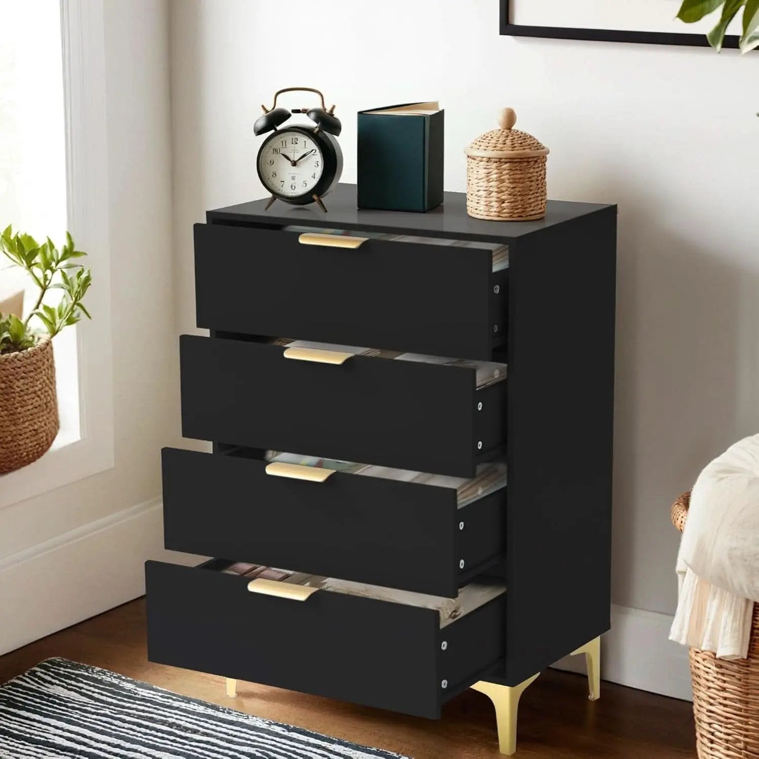 4 Drawer Black Wood Dresser For Bedroom Living Room from PriceLows™