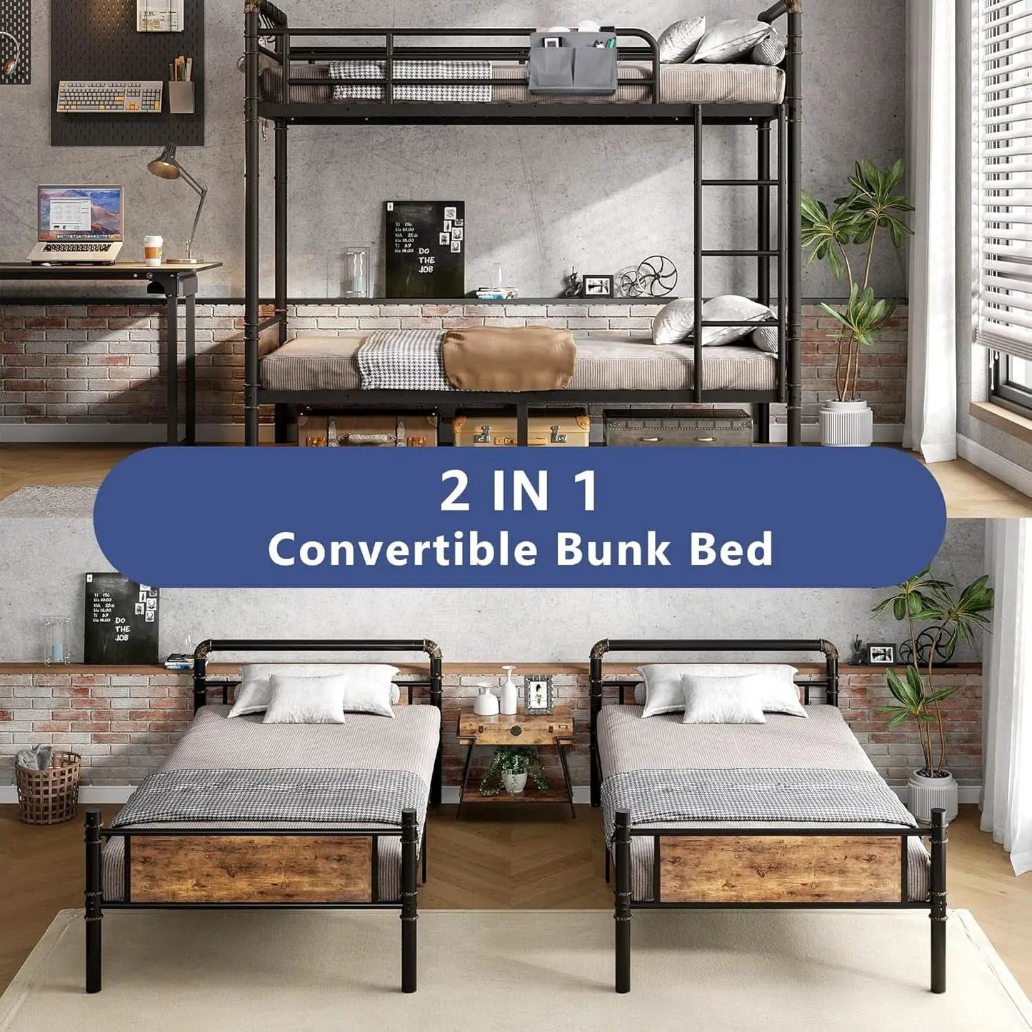 Metal Twin Over Twin Bunk Bed Vintage Brown Safety Rails from PriceLows™