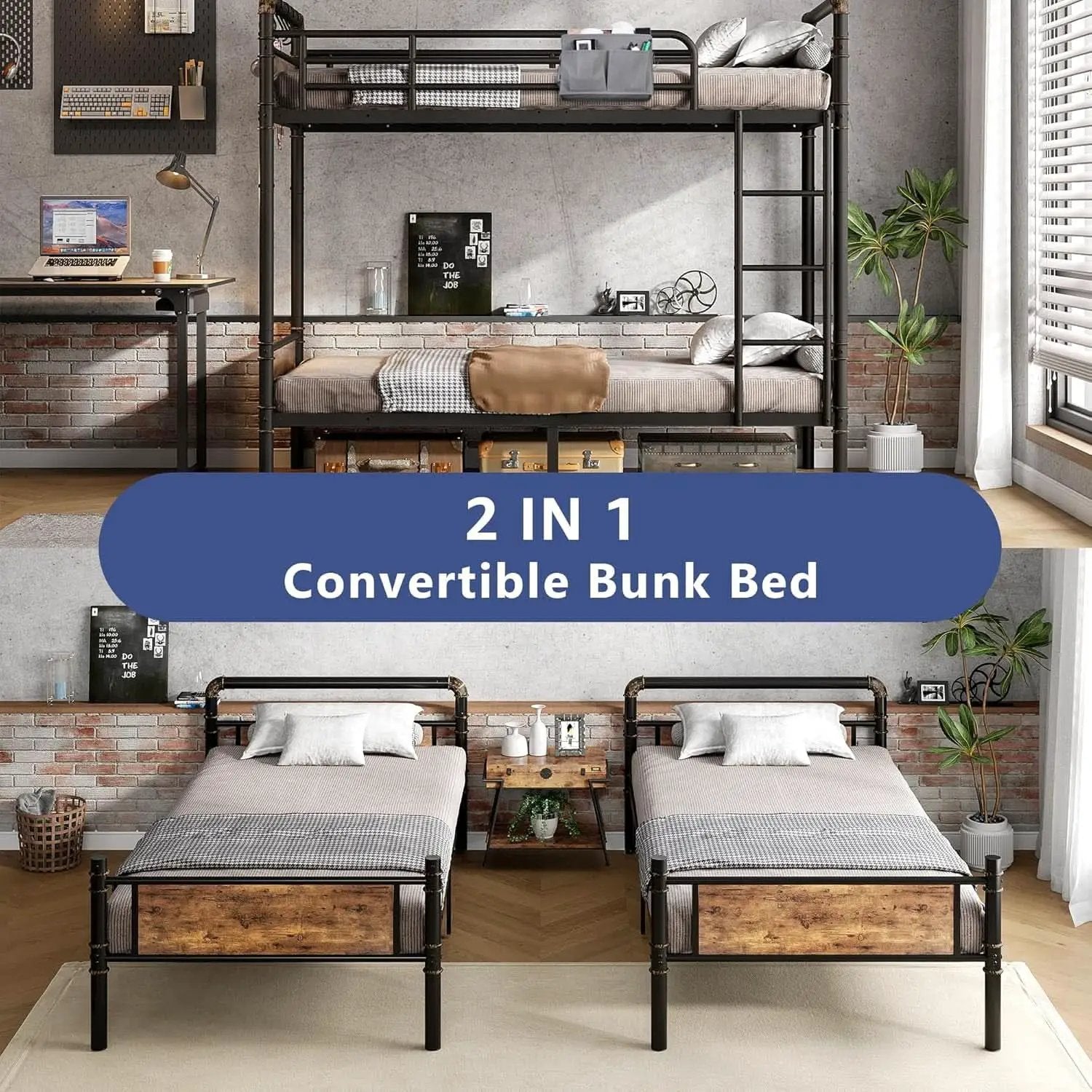 Metal Twin Over Twin Bunk Bed Vintage Brown Safety Rails from PriceLows™